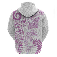 Aotearoa Maori Sea Animals Tribal Zip Hoodie Manta Ray and Shark Moko Pattern Pink Color