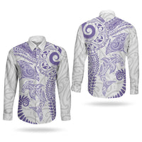 Aotearoa Maori Sea Animals Tribal Couples Matching Mermaid Dress and Long Sleeve Button Shirt Manta Ray and Shark Moko Pattern Purple Color LT03 - Polynesian Pride