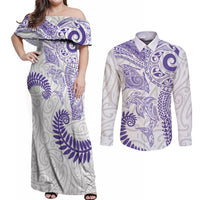 Aotearoa Maori Sea Animals Tribal Couples Matching Off Shoulder Maxi Dress and Long Sleeve Button Shirt Manta Ray and Shark Moko Pattern Purple Color