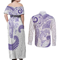 Aotearoa Maori Sea Animals Tribal Couples Matching Off Shoulder Maxi Dress and Long Sleeve Button Shirt Manta Ray and Shark Moko Pattern Purple Color