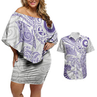 Aotearoa Maori Sea Animals Tribal Couples Matching Off Shoulder Short Dress and Hawaiian Shirt Manta Ray and Shark Moko Pattern Purple Color LT03 Purple - Polynesian Pride
