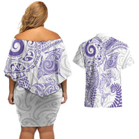 Aotearoa Maori Sea Animals Tribal Couples Matching Off Shoulder Short Dress and Hawaiian Shirt Manta Ray and Shark Moko Pattern Purple Color