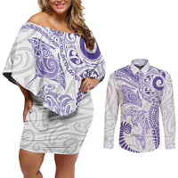 Aotearoa Maori Sea Animals Tribal Couples Matching Off Shoulder Short Dress and Long Sleeve Button Shirt Manta Ray and Shark Moko Pattern Purple Color