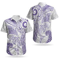 Aotearoa Maori Sea Animals Tribal Couples Matching Off The Shoulder Long Sleeve Dress and Hawaiian Shirt Manta Ray and Shark Moko Pattern Purple Color LT03 - Polynesian Pride