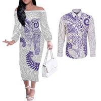 Aotearoa Maori Sea Animals Tribal Couples Matching Off The Shoulder Long Sleeve Dress and Long Sleeve Button Shirt Manta Ray and Shark Moko Pattern Purple Color