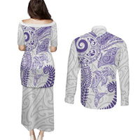 Aotearoa Maori Sea Animals Tribal Couples Matching Puletasi and Long Sleeve Button Shirt Manta Ray and Shark Moko Pattern Purple Color