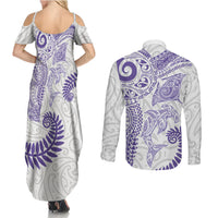 Aotearoa Maori Sea Animals Tribal Couples Matching Summer Maxi Dress and Long Sleeve Button Shirt Manta Ray and Shark Moko Pattern Purple Color