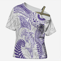 Aotearoa Maori Sea Animals Tribal Cross Shoulder Shirt Manta Ray and Shark Moko Pattern Purple Color