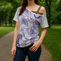 Aotearoa Maori Sea Animals Tribal Cross Shoulder Shirt Manta Ray and Shark Moko Pattern Purple Color