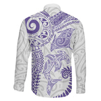 Aotearoa Maori Sea Animals Tribal Family Matching Long Sleeve Bodycon Dress and Hawaiian Shirt Manta Ray and Shark Moko Pattern Purple Color