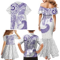 Aotearoa Maori Sea Animals Tribal Family Matching Mermaid Dress and Hawaiian Shirt Manta Ray and Shark Moko Pattern Purple Color