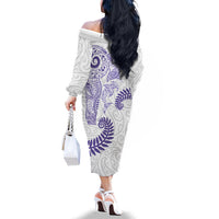 Aotearoa Maori Sea Animals Tribal Family Matching Off The Shoulder Long Sleeve Dress and Hawaiian Shirt Manta Ray and Shark Moko Pattern Purple Color
