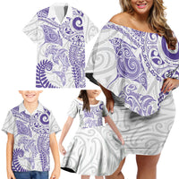 Aotearoa Maori Sea Animals Tribal Family Matching Off Shoulder Short Dress and Hawaiian Shirt Manta Ray and Shark Moko Pattern Purple Color