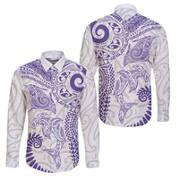 Aotearoa Maori Sea Animals Tribal Family Matching Puletasi and Hawaiian Shirt Manta Ray and Shark Moko Pattern Purple Color LT03 Dad's Shirt - Long Sleeve Purple - Polynesian Pride