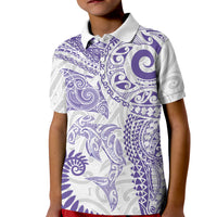 Aotearoa Maori Sea Animals Tribal Kid Polo Shirt Manta Ray and Shark Moko Pattern Purple Color