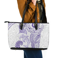 Aotearoa Maori Sea Animals Tribal Leather Tote Bag Manta Ray and Shark Moko Pattern Purple Color