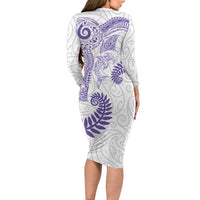 Aotearoa Maori Sea Animals Tribal Long Sleeve Bodycon Dress Manta Ray and Shark Moko Pattern Purple Color