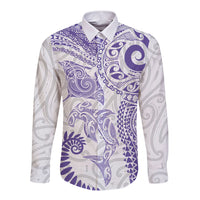 Aotearoa Maori Sea Animals Tribal Long Sleeve Button Shirt Manta Ray and Shark Moko Pattern Purple Color