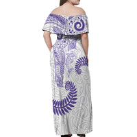 Aotearoa Maori Sea Animals Tribal Off Shoulder Maxi Dress Manta Ray and Shark Moko Pattern Purple Color