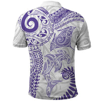 Aotearoa Maori Sea Animals Tribal Polo Shirt Manta Ray and Shark Moko Pattern Purple Color