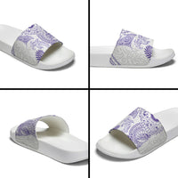 Aotearoa Maori Sea Animals Tribal Slide Sandals Manta Ray and Shark Moko Pattern Purple Color