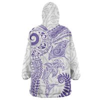 Aotearoa Maori Sea Animals Tribal Wearable Blanket Hoodie Manta Ray and Shark Moko Pattern Purple Color