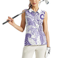Aotearoa Maori Sea Animals Tribal Women Sleeveless Polo Shirt Manta Ray and Shark Moko Pattern Purple Color