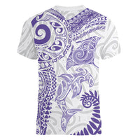 Aotearoa Maori Sea Animals Tribal Women V-Neck T-Shirt Manta Ray and Shark Moko Pattern Purple Color
