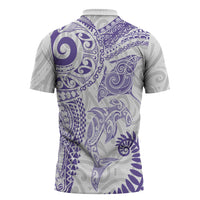Aotearoa Maori Sea Animals Tribal Zipper Polo Shirt Manta Ray and Shark Moko Pattern Purple Color