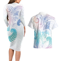 Aotearoa Maori Sea Animals Tribal Couples Matching Long Sleeve Bodycon Dress and Hawaiian Shirt Manta Ray and Shark Moko Pattern Sweet Pastel