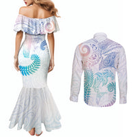 Aotearoa Maori Sea Animals Tribal Couples Matching Mermaid Dress and Long Sleeve Button Shirt Manta Ray and Shark Moko Pattern Sweet Pastel