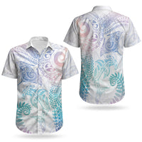 Aotearoa Maori Sea Animals Tribal Couples Matching Off Shoulder Maxi Dress and Hawaiian Shirt Manta Ray and Shark Moko Pattern Sweet Pastel LT03 - Polynesian Pride