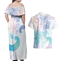 Aotearoa Maori Sea Animals Tribal Couples Matching Off Shoulder Maxi Dress and Hawaiian Shirt Manta Ray and Shark Moko Pattern Sweet Pastel