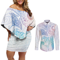 Aotearoa Maori Sea Animals Tribal Couples Matching Off Shoulder Short Dress and Long Sleeve Button Shirt Manta Ray and Shark Moko Pattern Sweet Pastel