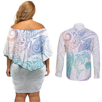 Aotearoa Maori Sea Animals Tribal Couples Matching Off Shoulder Short Dress and Long Sleeve Button Shirt Manta Ray and Shark Moko Pattern Sweet Pastel