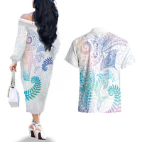 Aotearoa Maori Sea Animals Tribal Couples Matching Off The Shoulder Long Sleeve Dress and Hawaiian Shirt Manta Ray and Shark Moko Pattern Sweet Pastel