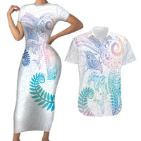 Aotearoa Maori Sea Animals Tribal Couples Matching Short Sleeve Bodycon Dress and Hawaiian Shirt Manta Ray and Shark Moko Pattern Sweet Pastel