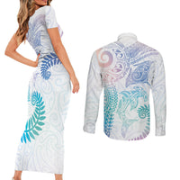 Aotearoa Maori Sea Animals Tribal Couples Matching Short Sleeve Bodycon Dress and Long Sleeve Button Shirt Manta Ray and Shark Moko Pattern Sweet Pastel