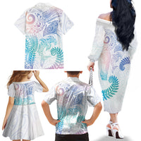 Aotearoa Maori Sea Animals Tribal Family Matching Off The Shoulder Long Sleeve Dress and Hawaiian Shirt Manta Ray and Shark Moko Pattern Sweet Pastel
