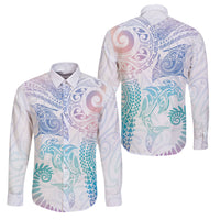 Aotearoa Maori Sea Animals Tribal Family Matching Short Sleeve Bodycon Dress and Hawaiian Shirt Manta Ray and Shark Moko Pattern Sweet Pastel LT03 Dad's Shirt - Long Sleeve Multicolor - Polynesian Pride