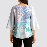 Aotearoa Maori Sea Animals Tribal Kimono Sleeve Blouse Manta Ray and Shark Moko Pattern Sweet Pastel
