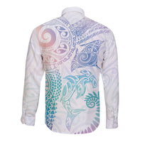 Aotearoa Maori Sea Animals Tribal Long Sleeve Button Shirt Manta Ray and Shark Moko Pattern Sweet Pastel