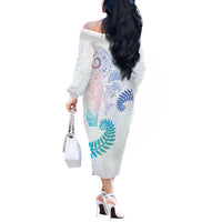 Aotearoa Maori Sea Animals Tribal Off The Shoulder Long Sleeve Dress Manta Ray and Shark Moko Pattern Sweet Pastel