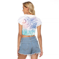 Aotearoa Maori Sea Animals Tribal Raglan Cropped T Shirt Manta Ray and Shark Moko Pattern Sweet Pastel