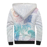 Aotearoa Maori Sea Animals Tribal Sherpa Hoodie Manta Ray and Shark Moko Pattern Sweet Pastel