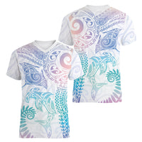 Aotearoa Maori Sea Animals Tribal Women V-Neck T-Shirt Manta Ray and Shark Moko Pattern Sweet Pastel