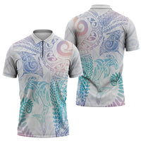 Aotearoa Maori Sea Animals Tribal Zipper Polo Shirt Manta Ray and Shark Moko Pattern Sweet Pastel