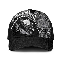 Hawaiian Manta Ray Tribal Baseball Net Cap Polynesian Art Motifs Black Color