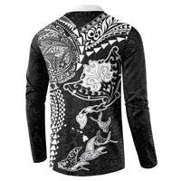 Hawaiian Manta Ray Tribal Button Sweatshirt Polynesian Art Motifs Black Color