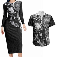 Hawaiian Manta Ray Tribal Couples Matching Long Sleeve Bodycon Dress and Hawaiian Shirt Polynesian Art Motifs Black Color LT03 Black - Polynesian Pride